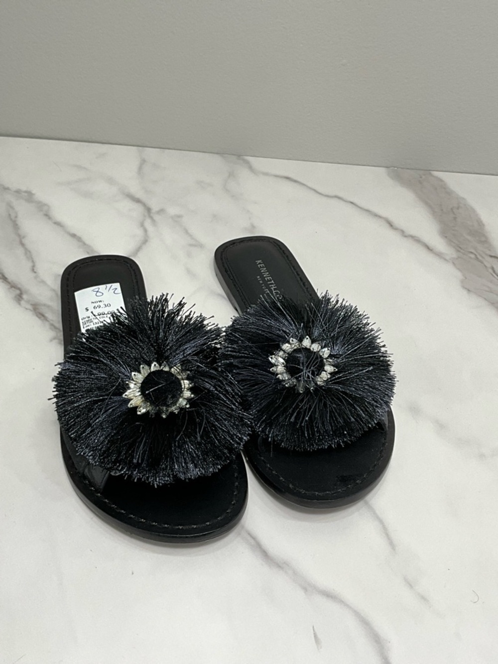 KENNETH COLE Black Raffia Pom Pom Slide Sandals Crystal Embellished Size 8.5
